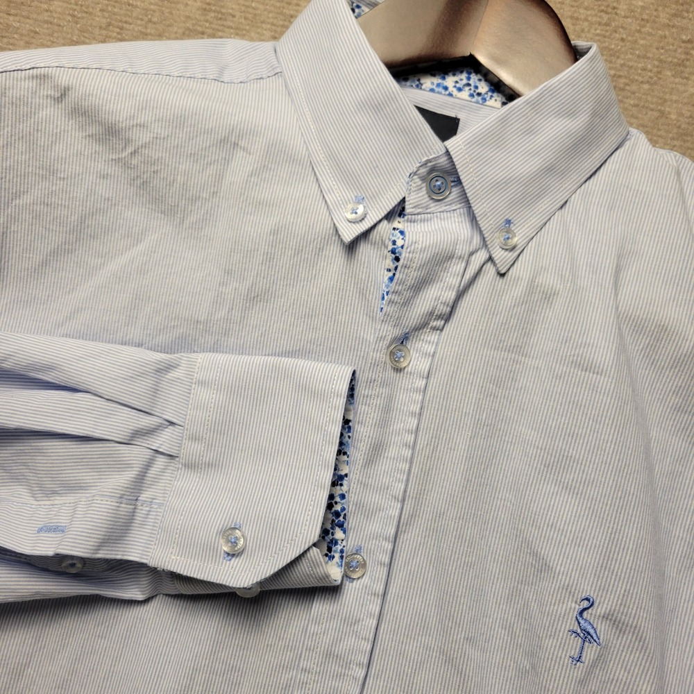 Tailorbyrd Button Down Shirt Mens Large Blue White Striped Flamingo Logo L/S
